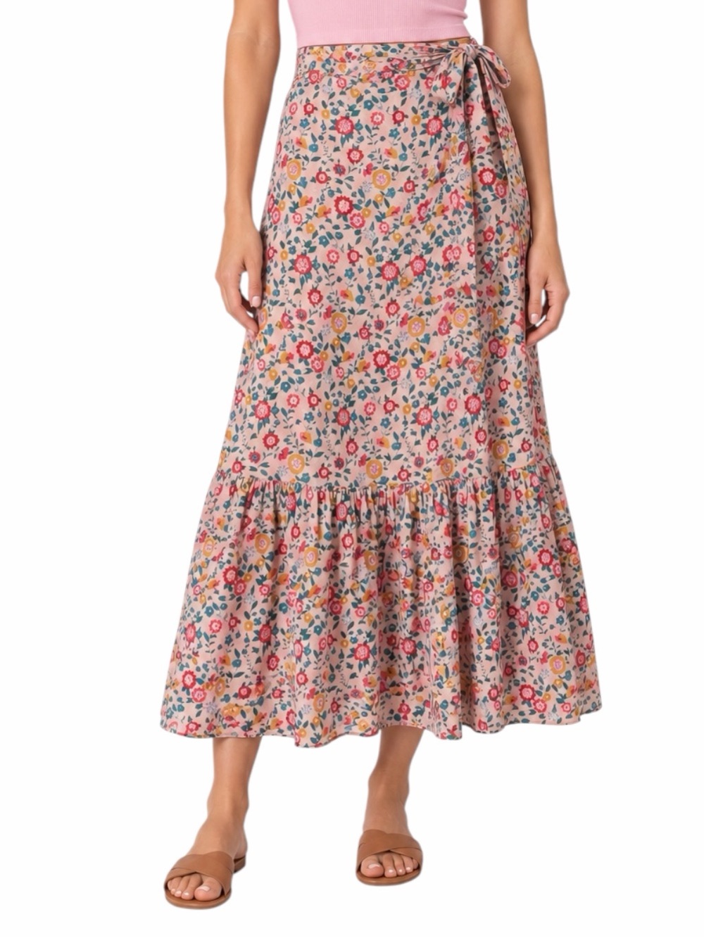 Urban Outfitters Floral Midi Skirt Size S Tie Waist Cotton Cottagecore Pink Red